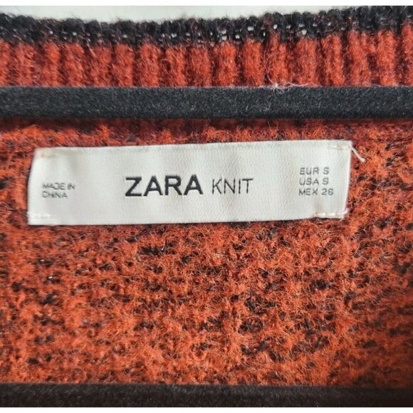 Zara Knit Rust Black  Round Neck Long Sleeve Ribbed Sweater Country Core Size S - Picture 4 of 5